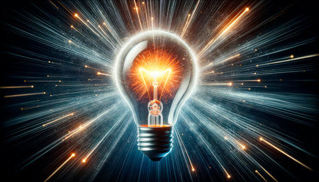 Glowing light bulb on dark background with rays and sparks. Generative AIの素材