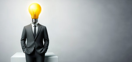 Businessman in suit with light bulb instead of head. Generative AIの素材