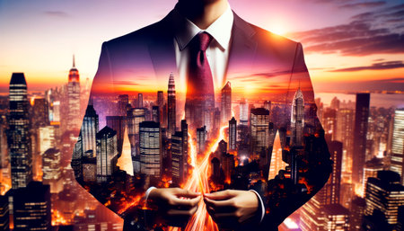 Double exposure of success businessman and modern cityscape at sunset background. Purposefulness concept. Generative AIの素材