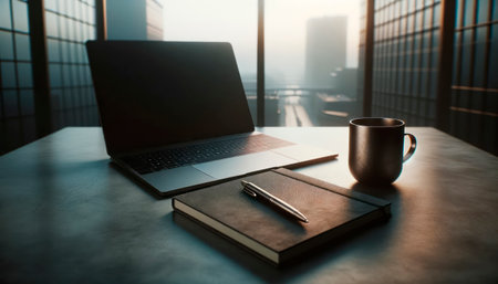 Laptop and notebook on the table in the office at sunrise. Generative AIの素材