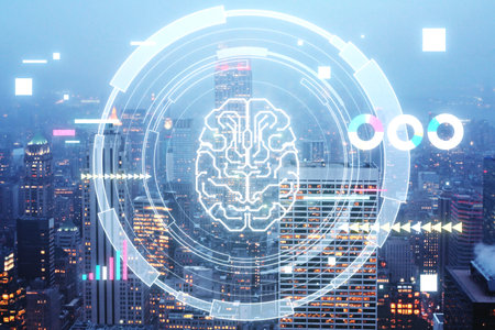 Creative glowing round brain hologram on blurry bright city background. Artificial intelligence,...