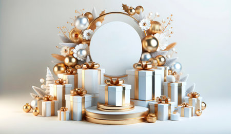 White podium with christmas decorations and gift boxes. Generative AIの素材