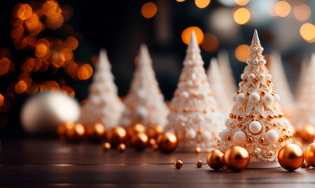 Christmas tree decoration on wooden background with bokeh lights and copy space. Generative AIの素材