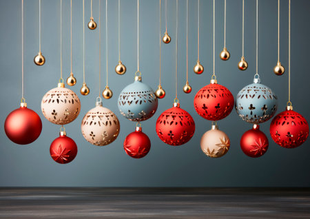 Christmas balls with golden accents on a blue backdrop. Generative AIの素材