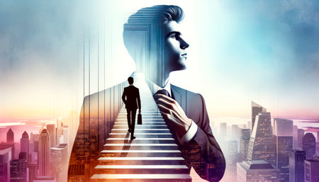 Businessman climbing stairs to success. Career growth concept. Double exposure. Generative AIの素材