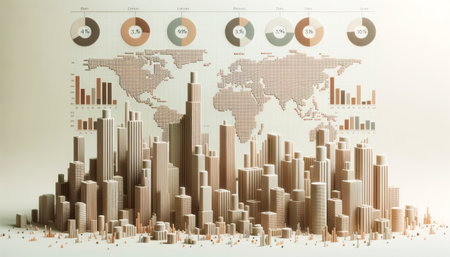 Cityscape with pie chart and world map on wall. Generative AIの素材