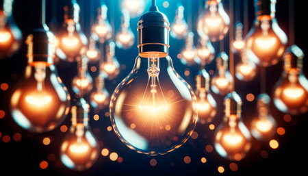 Glowing fluorescent light bulbs on dark background with bokeh effect. Generative AIの素材