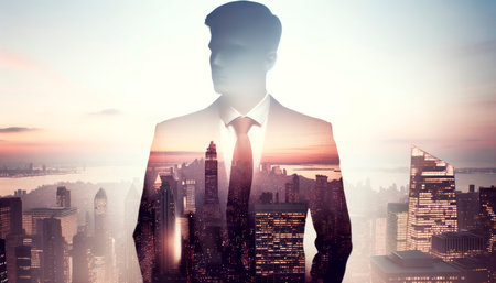 Silhouette of a businessman on a city background. Motivation concept. Double exposure. Generative AIの素材