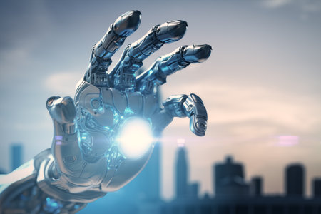Robot hand reaching out with futuristic city backdrop, Generative AIの素材