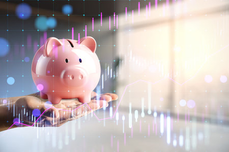 Hand showcasing financial growth with piggy bank hologram, Generative AIの素材