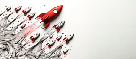 Red rockets soaring upwards in a hand-drawn style, mockup. Generative AIの素材