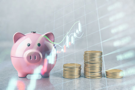Pink piggy bank with financial growth chart, Generative AIの素材