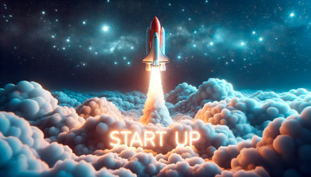 Shuttle launch illuminating START UP sign in starry sky. Generative AIの素材