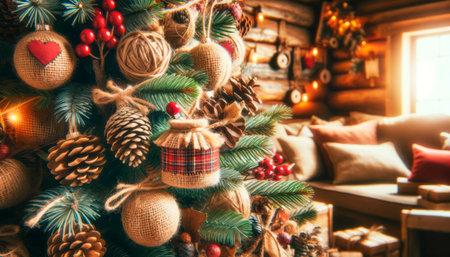 Christmas tree with decorations, lights and bokeh. Christmas background. Generative AIの素材