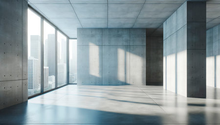 Modern concrete interior with city view and sunlight. Generative AIの素材