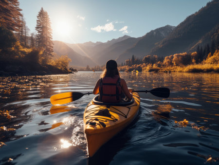 Solo kayaker enjoying the autumnal mountain scenery. Generative AIの素材