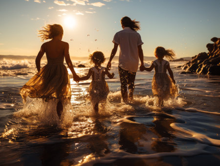 Family running through water on beach at sunset, Generative AIの素材