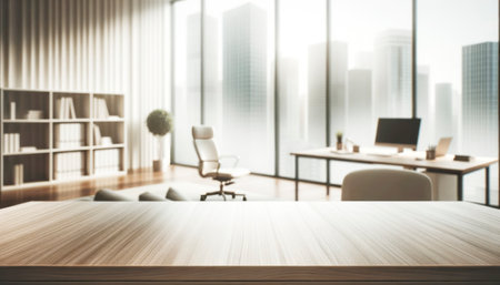 Wooden tabletop in modern office interior with city view. Mock up. Generative AIの素材