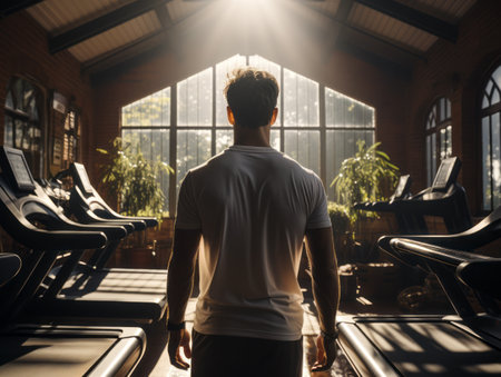 Man gazing out over a row of treadmills in a gym. Generative AIの素材