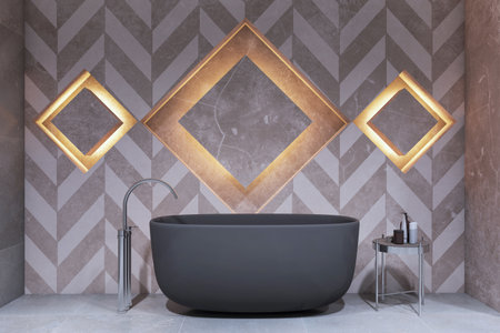 Contemporary bathroom interior with illuminated decorative wooden wall, bathtub and other items....
