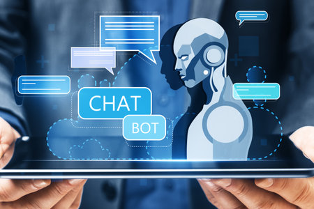 Close up of businessman hand holding tablet with creative glowing robot and chat ai hologram on blue...