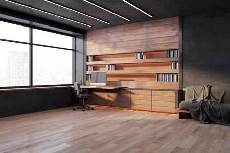 Contemporary wooden home office interior with desk, shelves, chair and window. 3D Renderingの写真素材