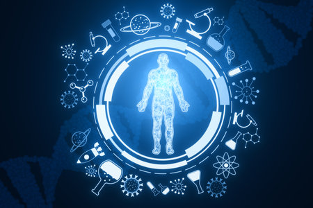 Glowing round medical interface with human body outline and healthcare icons. Telemedicine and innovation concept. 3D Renderingの写真素材