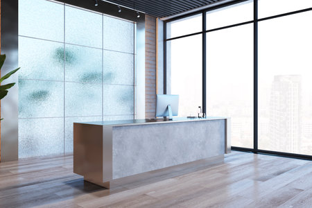 Clean office lobby interior with reception desk, wooden flooring and panoramic window with city view. 3D Renderingの写真素材