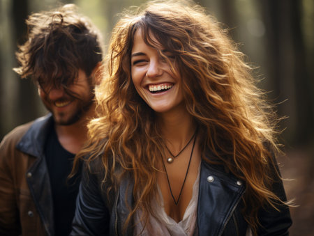 Joyful couple enjoying a forest hike in fall, Generative AIの素材