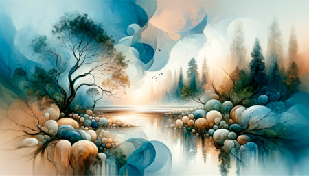 Fantasy landscape with swirling patterns and vibrant colors. Artistic creativity concept. Generative AIの素材