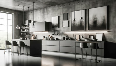 Monochrome kitchen with hanging glass pendants and abstract art. Industrial design concept. Generative AIの素材