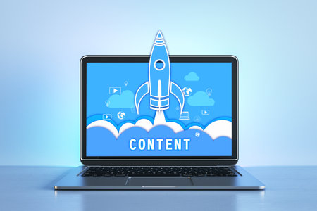 Blue-themed laptop screen showing content marketing rocket launch. Online engagement. 3D Renderingの写真素材
