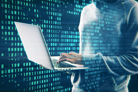 Hacker using laptop with creative digital binary code dots hologram. Digital data hacking concept....