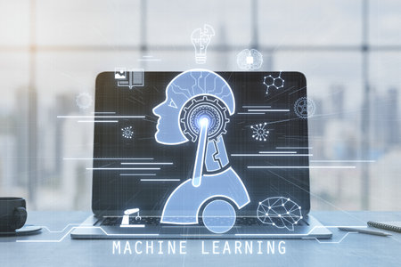 Close up of notebook with glowing robot head and icons on desk with coffee cup and blurry window with city view background. machine learning and AI concept. 3D Renderingの写真素材