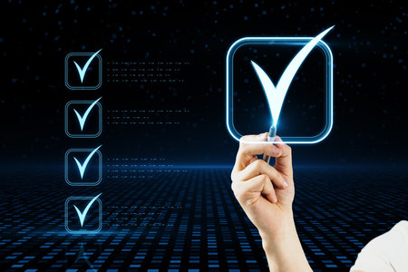 Pen drawing luminous checklist in the air, concept of innovative task completion and goals