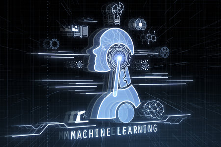 Glowing robot head and icons on dark blurry background. machine learning and AI concept. 3D Renderingの写真素材