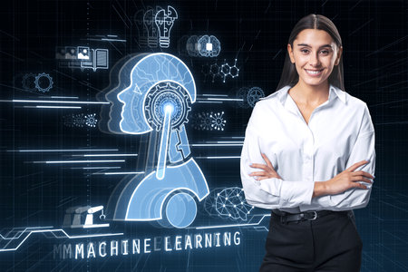 Attractive young European businesswoman with folded arms and glowing robot head and icons on dark blurry background. machine learning and AI conceptの写真素材