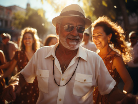 Senior man dancing in the sunlight with festive spirit. Generative AIの素材
