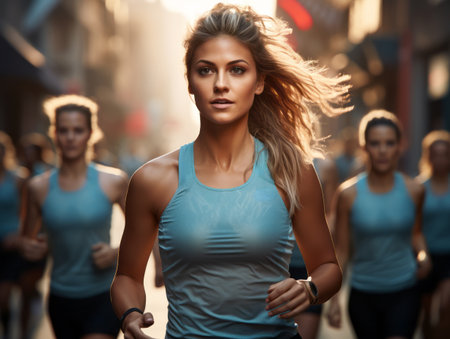 Female runner leading a group in an urban environment. Generative AIの素材