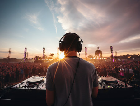 Back view of DJ playing at sunset music festival. Generative AIの素材