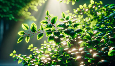 Green leaves in the sunlight with bokeh effect. Natural background. Generative AIの素材