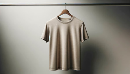 Brown t-shirt on wooden hanger with dramatic lighting, gray backdrop. Fashion showcase concept. Generative AIの素材