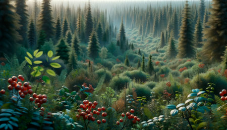 Sunlit forest with vibrant berries and lush foliage, a serene natural background. Generative AIの素材