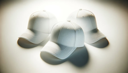 Quartet of white baseball caps, elegant gradient backdrop. Merchandise branding mockup. Generative AIの素材