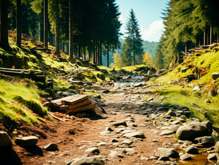 Rocky forest path with mossy details and a clear background setting. Generative AIの素材