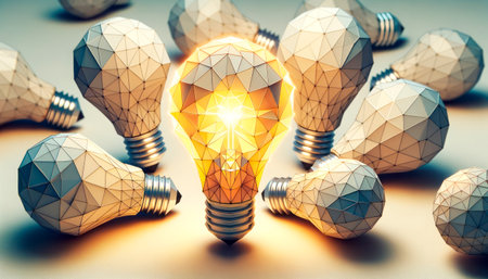 Conceptual image with low poly light bulb among other light bulbs, talent concept. Generative AIの素材