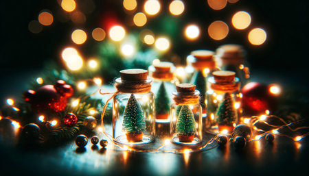 Garland of small glass jars with Christmas trees surrounded by warm lights. Festive atmosphere concept. Generative AIの素材