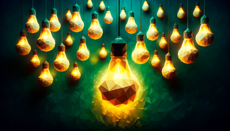 Low poly light bulb on a dark background. Creative idea concept. Generative AIの素材