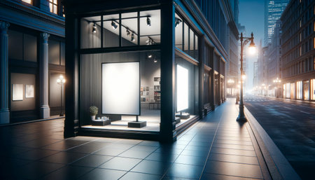 Contemporary city storefront with glowing mockup windows at dusk. Architecture and marketing concept. Generative AIの素材