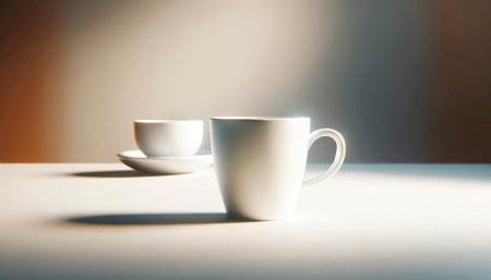 Two white coffee cups on a table with soft lighting. Generative AIの素材